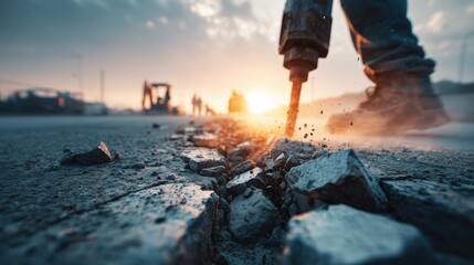 Obraz premium Close-up of jackhammer breaking asphalt on road at sunset