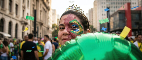 a woman with green and blue glitter on her cheek, wearing a silver tiara, holding a green balloon, in a crowded street parade with colorful flags and buildings in the background.