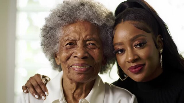 Elderly and young african american women embrace, smiling warmly in soft lit indoor video with creamy bokeh. Concept of family intergenerational bond
