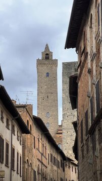 Vertical shot showcasing the iconic stone towers of San Gimignano, a historic town in Tuscany, Italy