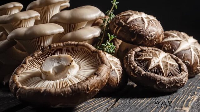 Fresh Variety Of Mushrooms Displayed Neatly On The Rustic Wooden Surface
