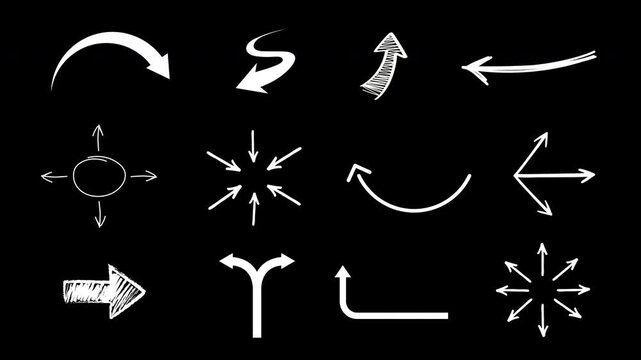 Set of 12 animated arrows isolated on black background
