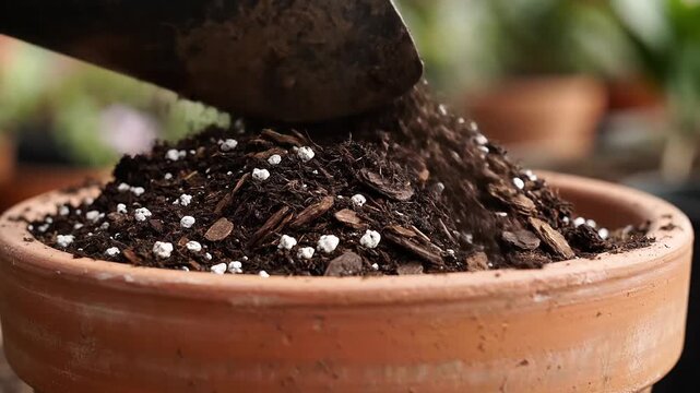 Gardening soil being poured into terracotta pot for planting, close-up, slow motion