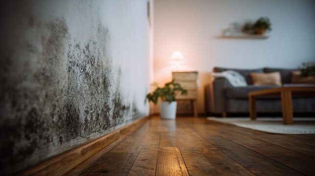 Black mold fungus growing on white wall in living room