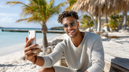 Young man enjoying tropical beach taking selfie with smartphone under palm trees