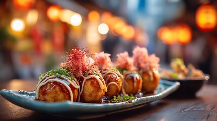 Takoyaki octopus balls sauce and bonito flakes background traditional Japanese street market evening lantern lights vibrant colors