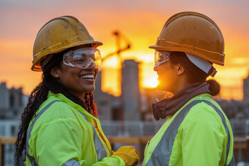 Diverse female construction workers smiling and interacting at sunset on urban job site