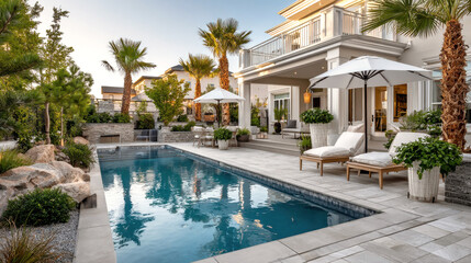 Luxurious modern backyard with pool and elegant outdoor furniture at sunset