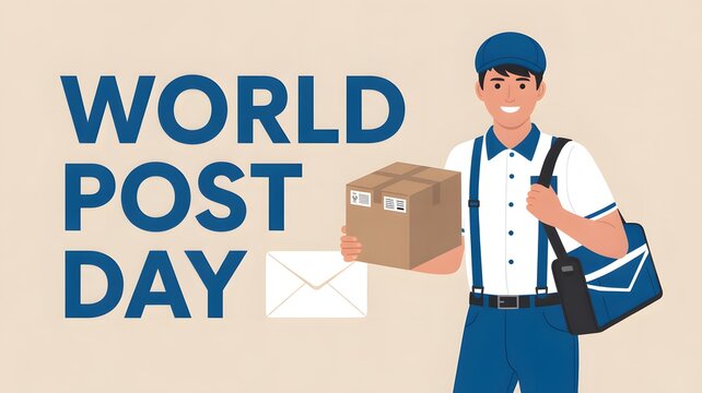 Smiling postal worker holding package on World Post Day with mailbag