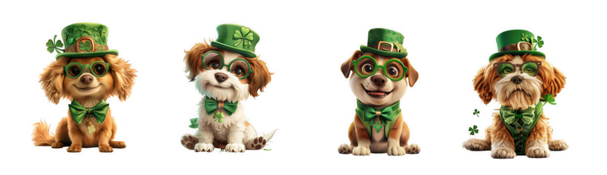 Four adorable cavapoos wearing green st patrick s day hats and glasses on transparent background