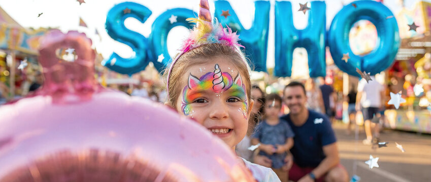 a smiling young girl with rainbow unicorn face paint, pink flower headband, and blue balloons in background, holding pink balloon.