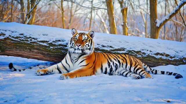 Majestic tiger resting in snowy forest landscape with fallen tree