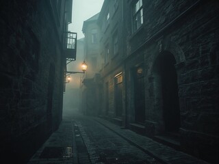 Foggy narrow street in old European city at night