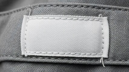 Close-up of a blank white label stitched onto gray fabric, ready for branding or information.