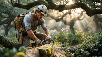 Lumberjack working in forest with chainsaw, sunlight streaming through trees, capturing outdoor labor and nature interaction