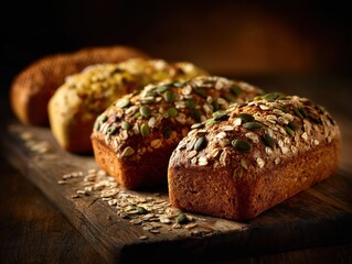 assorted freshly baked whole grain bread loaves topped with pumpkin seeds and oats on a wooden table  cozy bakery display