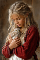 Teenage girl with pet owl in red robe: gentle bond and serene moment captured