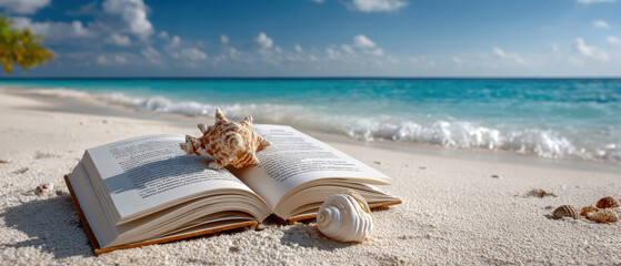Book and seashells on tropical beach, panorama of shells and sea waves, relax and ocean theme