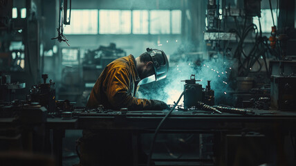 Young asian man welding in industrial workshop with sparks flying