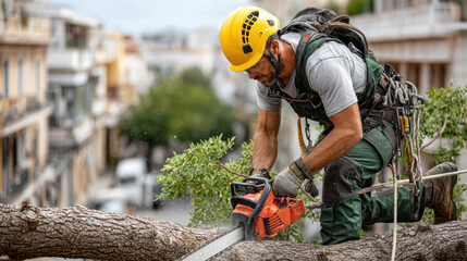 Professional arborist in safety gear skillfully cutting tree with chainsaw in urban environment
