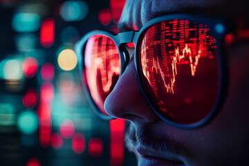 Man with red digital reflections in glasses analyzing stock market data on neon lit screens in dark ambient