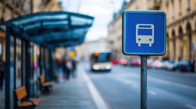 Blue bus stop sign on a city street with blurred bus and station in background