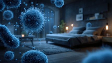 Viruses and bacteria floating in room, microbe infection in modern bedroom for health and hygiene concepts