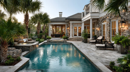 Luxurious stone villa with pool and lush garden featuring tropical palm trees and elegant outdoor seating
