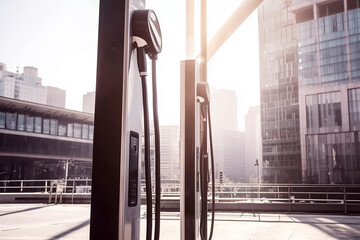 Electric vehicle charging stations in modern city environment showing sustainable transportation green energy urban infrastructure and future mobility concepts