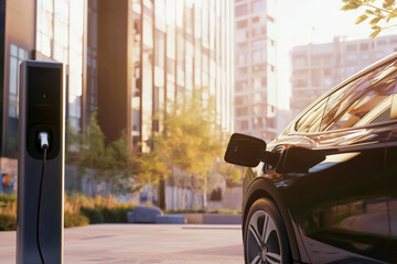 Electric car charging at public station in modern city showing sustainable transportation green energy smart city infrastructure and future urban mobility