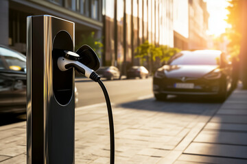 Electric car charging at public station in modern city during golden hour showing sustainable transportation green energy smart city infrastructure and future urban mobility
