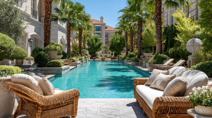 Luxurious mediterranean courtyard with elegant pool and stylish wicker seating surrounded by lush greenery and palm trees