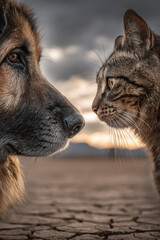 Intense standoff between german shepherd dog and tabby cat on dramatic desert landscape at sunset