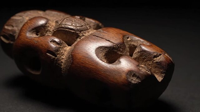 Ancient wooden mask with intricate carvings on dark background