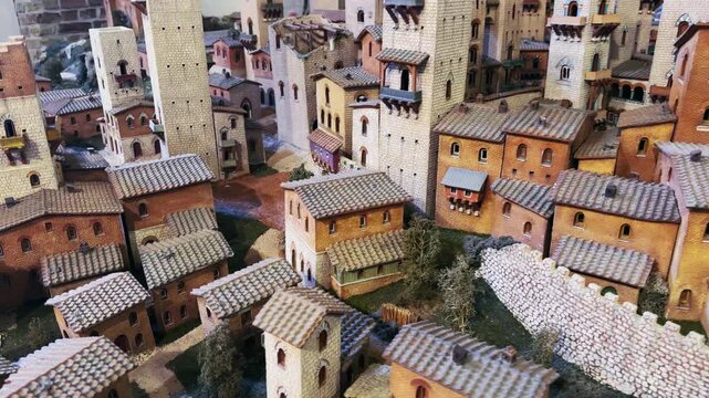Detailed miniature recreates the historic stone towers and buildings of the iconic medieval town of San Gimignano, Tuscany