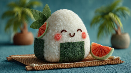 Cute kawaii onigiri with citrus decor on bamboo mat in tropical setting