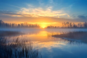 Fototapeta premium Calm morning lake sunrise view high resolution picture