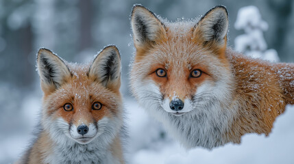 Red foxes with snow-covered fur in winter forest, close-up of alert expressions and pristine white surroundings