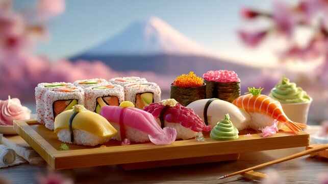 Traditional sushi platter nigiri maki rolls and fresh wasabi bamboo tray background Mount Fuji with cherry blossoms soft morning sunlight photorealistic - Powered by Adobe