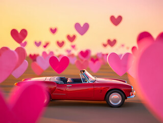 Red convertible sports car driving on road with pink hearts floating around  romantic scene