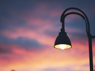 a peaceful urban setting with a glowing street lamp under a colorful twilight sky