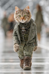 Fashionable cat in military jacket and boots struts confidently on shiny runway with soft-focused background