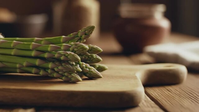 Bundle of Green Asparagus Tied with Twine on Wooden Background
