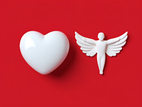 White heart and angel figurine on red background