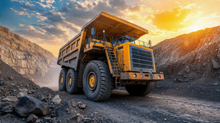 Massive yellow mining dump truck in open-pit quarry at sunset with dramatic sky and rugged terrain