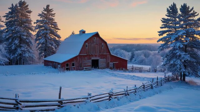 Serene winter landscape with rustic red barn and snow covered trees at sunset