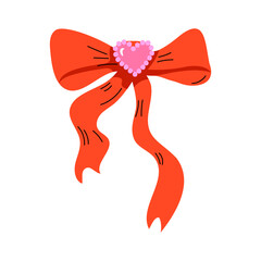Cute illustration of red bow with  pink heart-shaped brooch. Isolated on  white background. Charming, romantic design, perfect for Valentine's Day, love themes, decorations, greeting cards, stickers.
