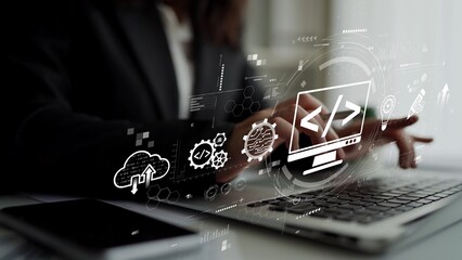 Modern web development concept featuring coding symbols, web development process, web development interface, and web development tools with futuristic design. Muxer