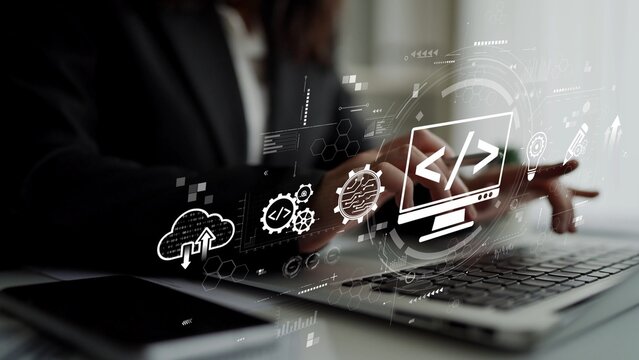 Modern web development concept featuring coding symbols, web development process, web development interface, and web development tools with futuristic design. Muxer