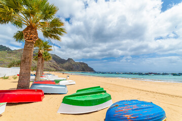 Las Teresitas Beach with its golden Sahara sands, nestled by Tenerife lush Anaga Mountains